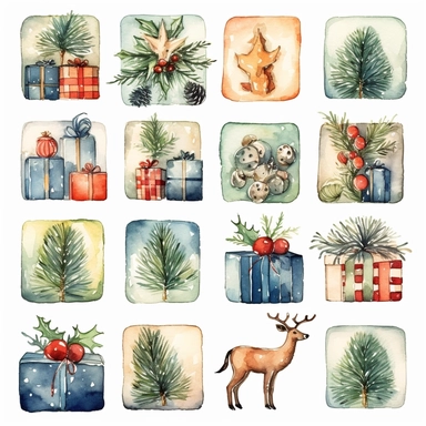 Watercolor line art, little squares filled with doodly patterns of xmas tree ornaments and decorations , illustrations clipart set, simple, christmas colors , cartoon elements, different variants , stocking, reindeer, candle, bubble ornaments, mistletoe, holly, wreath, modern art, separate elements with a margin
