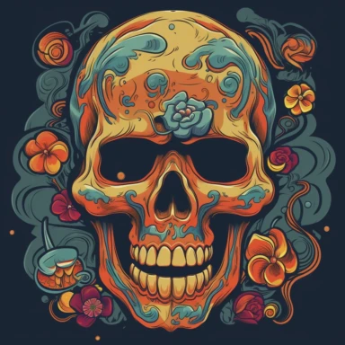 create a clipart-style illustration of a skull with a Grateful Dead-inspired design, where colorful images are placed only on the skull itself, resembling tattoos. The skull should have an expression that appears to be laughing or joyful, adding a playful element to the artwork. Begin by sketching the outline of a skull, focusing on capturing its distinct features such as the eye sockets, nasal cavity, and jawline. Keep the lines clean and simple, adhering to the clipart style. Within the confin