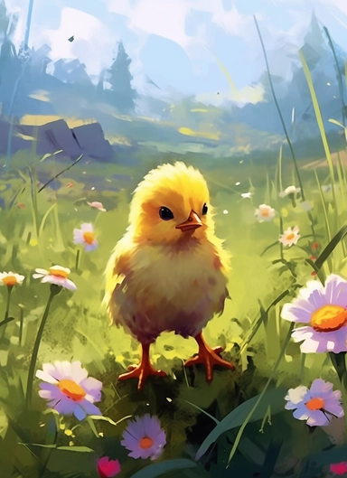 baby chick on a flower field, in the style of 2d game art, nostalgic paintings, 32k uhd, colorful dreamy watercolor scenes, adventure pulp, classical, historical genre scenes, rough-edged 2d animation, watercolor clipart, white background