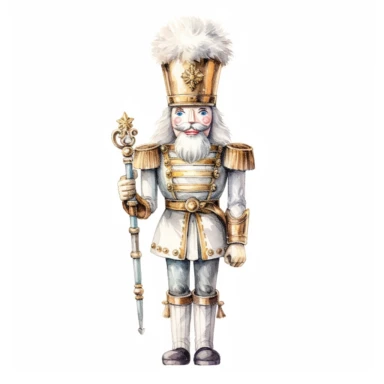 Christmas Nutcracker, White and Gold colors in watercolor pencil drawing style, on a white background, clipart, high details, hdr, hyperrealism