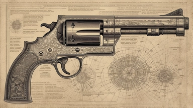 A detailed diagrammatic illustration of an old vintage gun, showcasing its mechanical intricacies and features in a technical style. The gun can be any type, such as a classic revolver or a musket, and should evoke a nostalgic feel. The background can be a simple color or a textured pattern, with additional elements such as bullet casings or a shooting range. This clipart is perfect for use in historical-themed projects, gun-related advertising, or vintage-inspired designs.