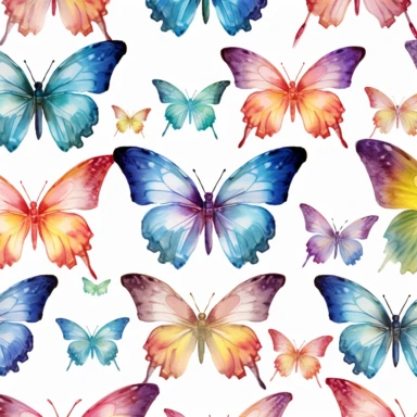Seamless pattern, butterfly clipart, multi color with multi metallic overlays,clean crisp watercolor, white background — tile
