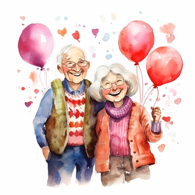 a heartwarming vibrant saturated cartoon watercolor clipart image with a white background, featuring cute sweet extremely happy elderly couple