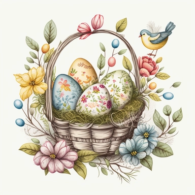 funny drawn sketch easter eggs with romanian traditional pattern in a a basket with flowers on white background, artistic painting, easter spring scene, add some spring leaves, add some flowers,add some birds, yellow pink blue green pastel colors, watercolor, clipart, 2d, sketch style, no text, no logo