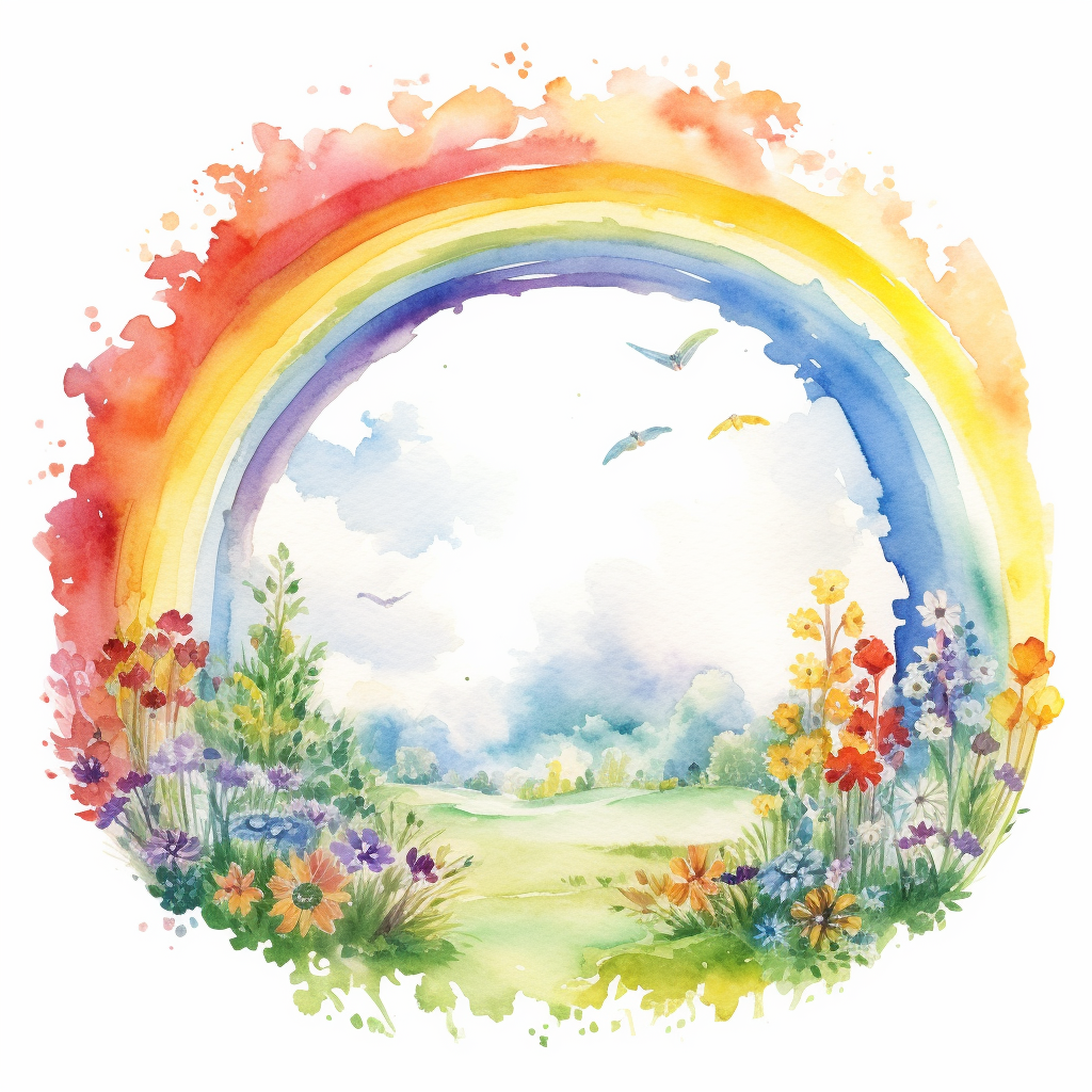 A colorful rainbow arcs across the sky, bringing a sense of wonder and magic to the watercolor Spring garden, ,clipart, on a white background.