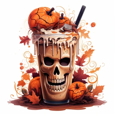 latte macchiato halloween themed, highly detailed color ink illustration, autumn season details, white background clipart 8k