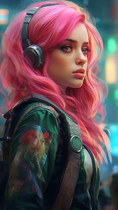 her with long hairstyle, intense pink hair, green ayes, beautiful stunning pretty vintage cyberpunk anime girl, paint art style, clipart,palace landscape background, superrealistic, one of a kind