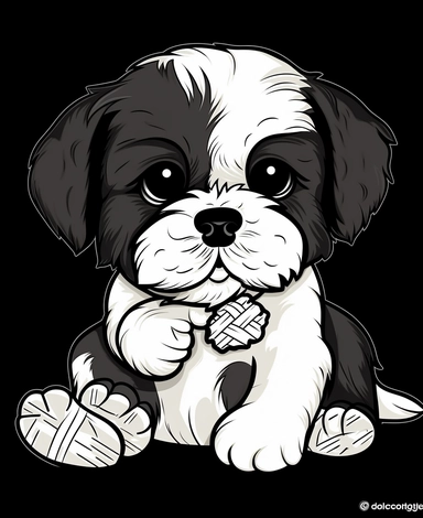 An adorable black and white clipart Coloring book featuring a cute Shih Tzu puppy happily chewing on a toy bone, simple cartoon style for young children, thick lines, low detail, no shading.