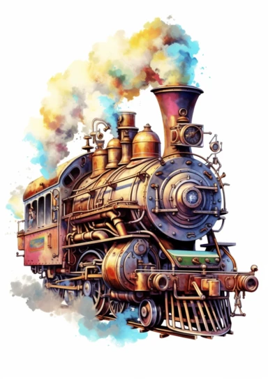Locomotive Steampunk, big beautiful locomotive, bursting with steam, Steampunk Clipart, Retro Futuristic, Victorian Era Art Print, colorful, details, high quality 8K, white background