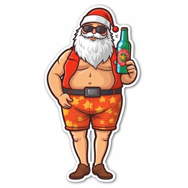 cute simple clipart sticker vector of a Australian Santa wearing his red Santa hat and a pair of beach shorts only and holding a beer bottle with a white background