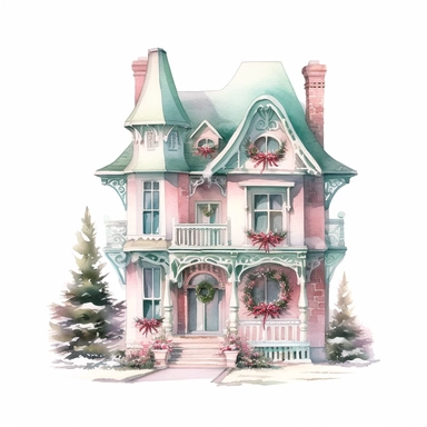 Watercolor vintage pink and light mint colored christmas house Clipart element white background