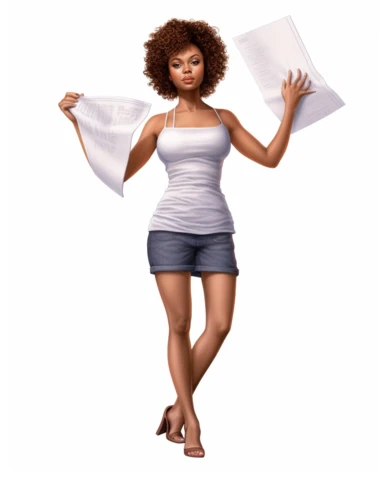 Full body shot, advertising, Clipart beautiful Afro Cuban American woman holds up a blank sheet of paper in her hands, in the style of afro-caribbean influence, hyperrealistic illustrations, intense gaze, detailed character design, porcelain, high resolution, thick texture