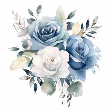 Watercolor faded dusty blue roses clipart, rose floral bouquet, white background