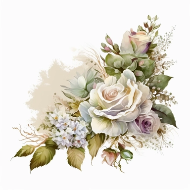 clipart aquarelle, detailed ans realistic, white background. beautiful flower tribute in white color, white theme, Bouquet for funeral, loss, sorry, with additions like sash ribbon