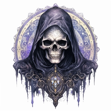 watercolor, mystic, gothic, dark skeleton, very detailed, clipart, white background