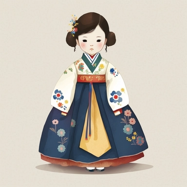 a cute little girl is wearing Korea traditional dress Hanbok. watercolor clipart, the skirt layers are designed to create a full and flowing silhouette, rainbow color jacket, The jacket worn by women in the royal family has long sleeves that are wide and