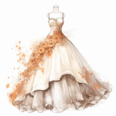 The entire bride's wedding dress on a mannequin, clipart, white background, in the style of elegant realism, muted and subtle tones, detailed painting, transparency and lightness, light orange and dark bronze