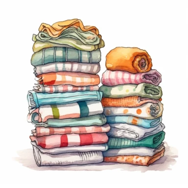A cozy watercolor clipart image with a white background, showcasing a collection of patterned tea towels and dishcloths neatly folded and stacked.