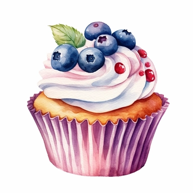 Watercolor Yummy blueberry cup cake clipart, hd, single object, white background, no text watermark