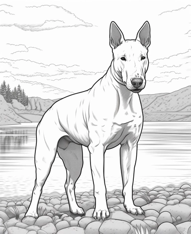 expert coloring page style of ultra-realistic Bull Terrier Dog breed Clipart, simple lake background, simple line art, line is crisp and clean, easy to color