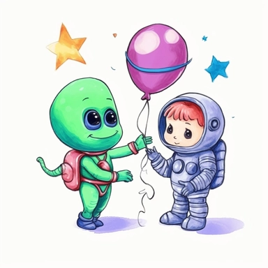 Cute astronaut giving planet balloon to alien, isolated on white background, Watercolor Clipart, details