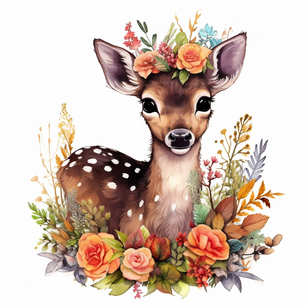 adorable baby deer, full body With Flower Wreaths vibrant colors, red ...