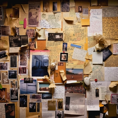 color photo of an Investigation Board full of old and new pictures and notes, close-up of one corner, unorganized, chaotic, messy, cluttered, overwhelming, textured, intricate, complex, detailed, with torn edges, faded colors, scribbles, post-its, lines, arrows, dates, labels, names, faces, maps, charts, graphs, and newspaper clippings — night, dimly lit, with a single lamp casting shadows and highlights on the board — camera settings: Canon EOS 5D Mark IV, Kodak Portra 800 35mm film, Canon EF 5