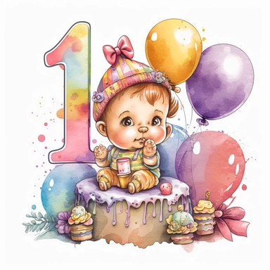 cute childish cartoon watercolor clipart for a baby for 1 year old - birthday sublimation png