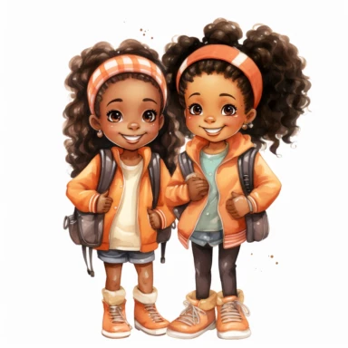 watercolor hand drawn ,Cute little African American girlschool , best friends ,with backpack and book, full body, Cartoon, Sublimation Clipart,illustration style, high solution, png transparent background, white background for removing background - - no text shadow font watermark