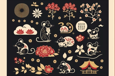 chinese new year design element set rat mouse fireworks cloud lantern flower blossom plum red gold gold coin zodiac signs symbol animal happy 2023 holiday lunar japanese korean vietnamese style traditional geometric text isolated clip art collection bundle silhouette hand-drawn art vector illustration graphic print concept flat line realistic high quality detailed