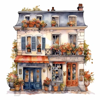 Very very cute and Whimsical quirky houses, France, Paris, colorful, Latin Quarter, Bohemian Quarter, Flowers, River Seine, coffe shops, Watercolored illustration in the style of Michael Powell, clipart, white background