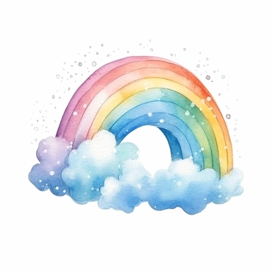 Watercolor cute cartoon rainbow with cloud drawing, illustration clipart, high detailed, white background, digital art