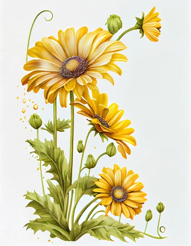 detailed watercolor yellow daisy flower corner side border , isolated on white background, realistic, clipart