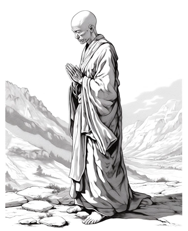 authentic full body tibetian monk prays, no patterns on drobe, fewer details without all shadings and buddhist temple background, the pattern must not protrude from the image, clipart, black and white, thin but strong continuous lines, must not fill with black any areas of the pattern coloring pages,only contours, only outlines