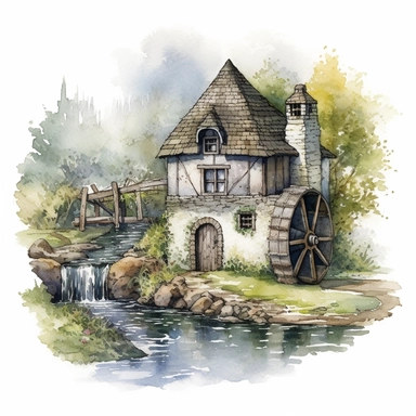 watercolor clipart artwork showcasing the beauty of an ancient medieval cottage surrounded by nature's tranquility. The cottage, situated alongside a calm and meandering river, features a charming waterwheel that turns gracefully, adding a touch of whimsy to the scene. The artist's meticulous attention to detail brings the rustic cottage to life, with textured stone walls, a thatched roof, and vibrant vegetation. Against a pure white background, the watercolor medium creates a soft and dreamy at