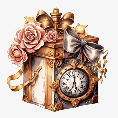 Steampunk Birthday Gift Box Clipart, rose and gold colors, Steampunk, watercolor, sweet, happy, high resolution, transparent white background no captions