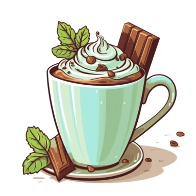 Create a mint chocolate clipart that features a delicious combination of mint green and chocolate brown colors. The design should include an image of a chocolate bar partially covered in mint leaves or swirls of mint. Additionally, the clipart could be a representation of a refreshing mug of hot chocolate with a sprinkle of chopped mint leaves on top. The overall style should be simplistic and elegant, with a high level of detail and color accuracy to convey the rich, indulgent flavor of mint ch