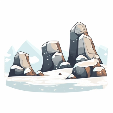 snow covered rocks, cartoon style, minimalist clipart, thick outline