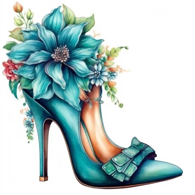 watercolor clipart of vintage turquoise high heel shoes, floral, color pencil drawing, nice composition, vector, outline, isolated white background, 16k