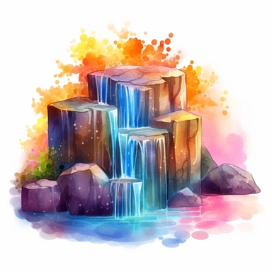 scenic holographic waterfall with rocks lining the base of the waterfall.Watercolor Clipart. the lighting should be normal. The colors should be artsy and intriguing, with a theme of vacation and nature. The composition should showcase the best view, with careful attention paid to details. Please ensure that the watercolor art style does not cause confusion with the actual water in the scene. the water is holographic.