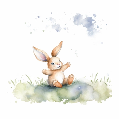 An endearing watercolor rabbit clipart, A heartwarming scene unfolds as a baby rabbit revels in playful joy, lying on the ground in various positions, captured from different perspectives. In one view, the baby rabbit is stretched out on its side, its tiny paws reaching towards the sky, showcasing a sense of carefree abandon. In another, it curls up into a ball, nestling its fluffy body against the soft grass, exuding a sense of comfort and contentment. The artwork, created in watercolor, embrac