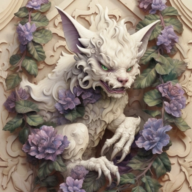 friendly gargoyle, Ivory and purple flowers, Leaves, vintage Pastel Cream Background, Smoke Petals, Maximalist, Hyper Detailed, 3D rendered, 8k polished, Hyper Realistic Intricate details, hyper realistic, intricate detail, painting, shabby chic, clipart
