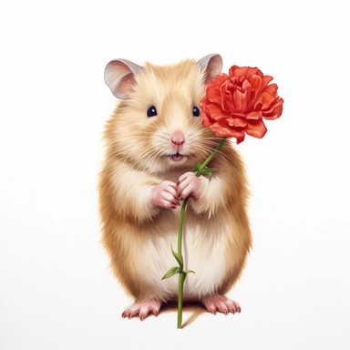 watercolor for a clipart with a white background of a hamster holding a carnation flower, hyperrealism, painted by Mary Jane Ansell