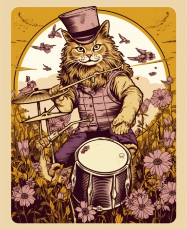 clipart of a long haired tabby cat wearing a marching band uniform, playing a drum in a field, gold and purple colors, in the style of flowerpunk, naturalist aesthetic, kombuchapunk, nostalgic paintings, detailed costumes, avacadopunk