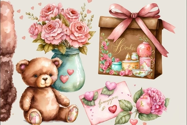 valentine flowers, chocolates, teddy bears, cards letters expressing love and affection accessories clipart, Aquarelle hand painting, aesthetic, watercolor, sparklecore, fantastic realism, fairytale