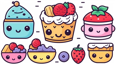 Clipart cartoon ( assorted desserts) outline ,, kawaii style ,on white background