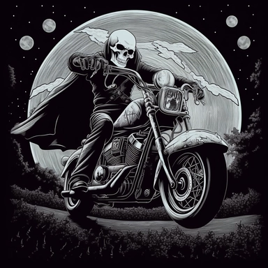 In the captivating clipart against a backdrop of pure white, an intriguing midjourney narrative takes form. Here, a skull-headed motorcyclist dons a long flowing black cape, while his Harley is adorned with chilling skull decorations. This evocative image invites you to explore a tale of mystery, darkness, and the allure of the unknown. As you immerse yourself in the clipart, the skull-headed rider exudes an air of enigma and power. The long black cape billows behind him, adding an aura of mysti