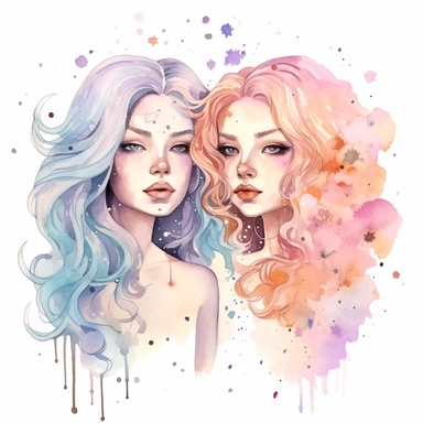 Cute zodiac sign Gemini, long hair, pastel colors, white background, fashion illustration, watercolor splash with galaxy elements, clipart, by Jack Hughes