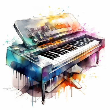 Electronic keyboard sharp illustration clipart, watercolor art, insane detail, white background