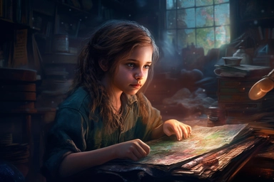 a cute ten-year-old cute girl is reading a book in the genre of combat marine fantasy, a watercolor clipart, Sharp focus + Close-up textures + Hyper-realistic textures, Color contrast, Precise details, Complexity, hdr. 8k